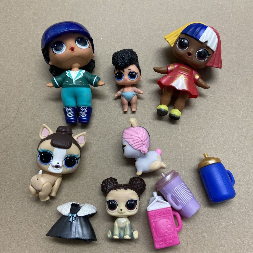3 Pre-Owned LOL Surprise! 3 Dolls and 3 pets and Accessories Milk Carton 10 pc